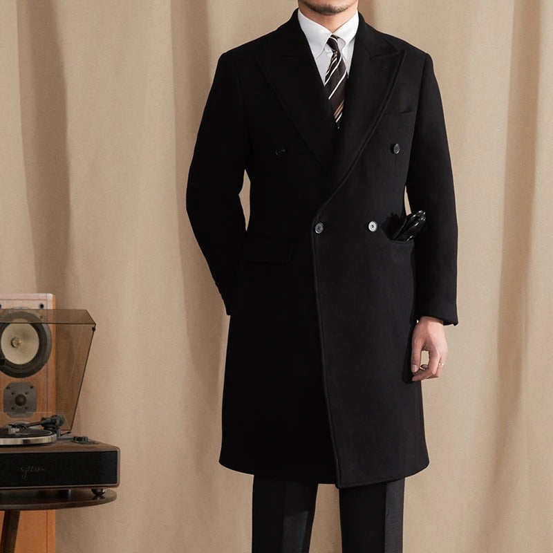 Men's Double-Breasted Long Coat With Peak Lapels - Black