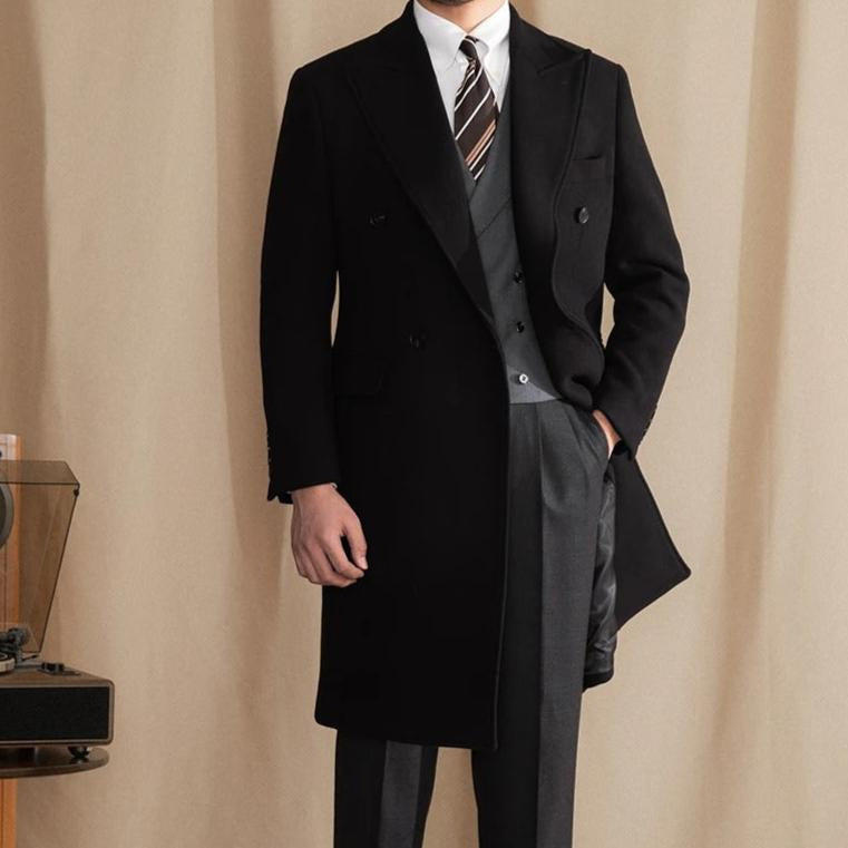 Men's Double-Breasted Long Coat With Peak Lapels - Colour options