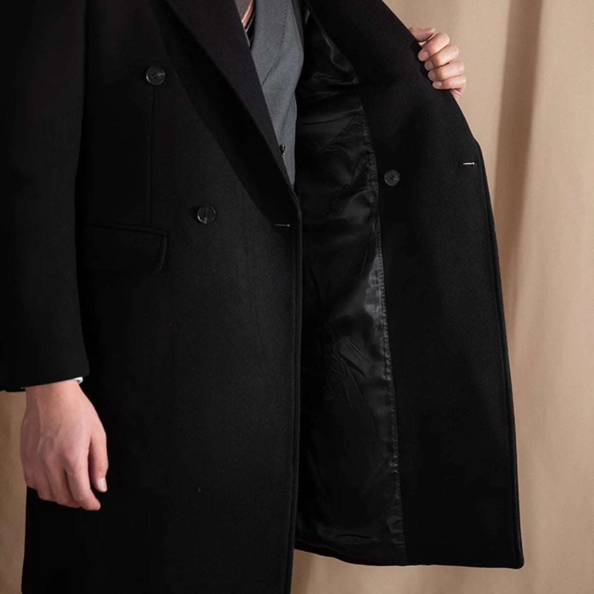 Men's Double-Breasted Long Coat With Peak Lapels - Colour options