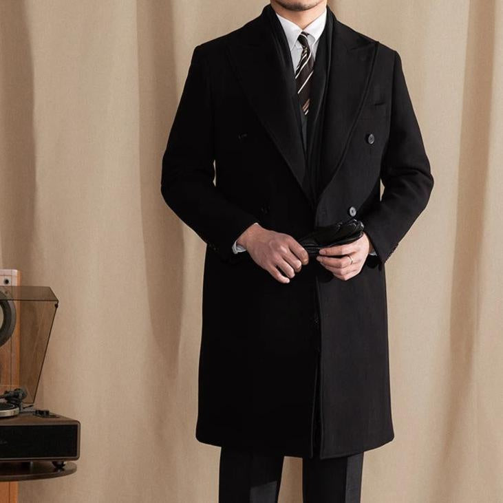 Men's Double-Breasted Long Coat With Peak Lapels - Colour options