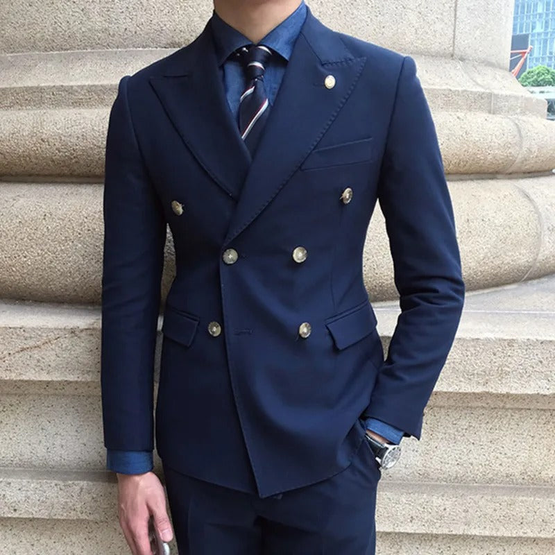 Men's Double-Breasted Suit With Contrast Metal Buttons - Blue