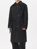 Men's Double-Breasted Trench Coat With Waist Belt - Black