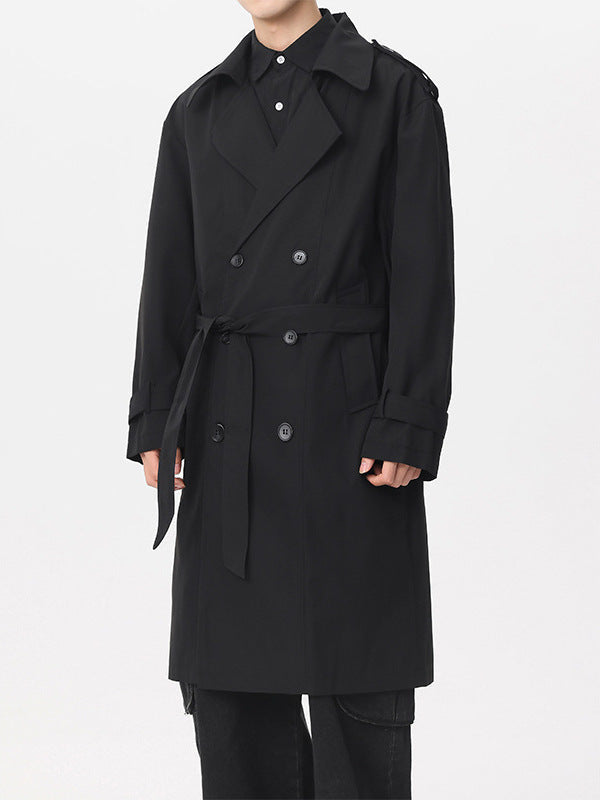 Men's Double-Breasted Trench Coat With Waist Belt - Black
