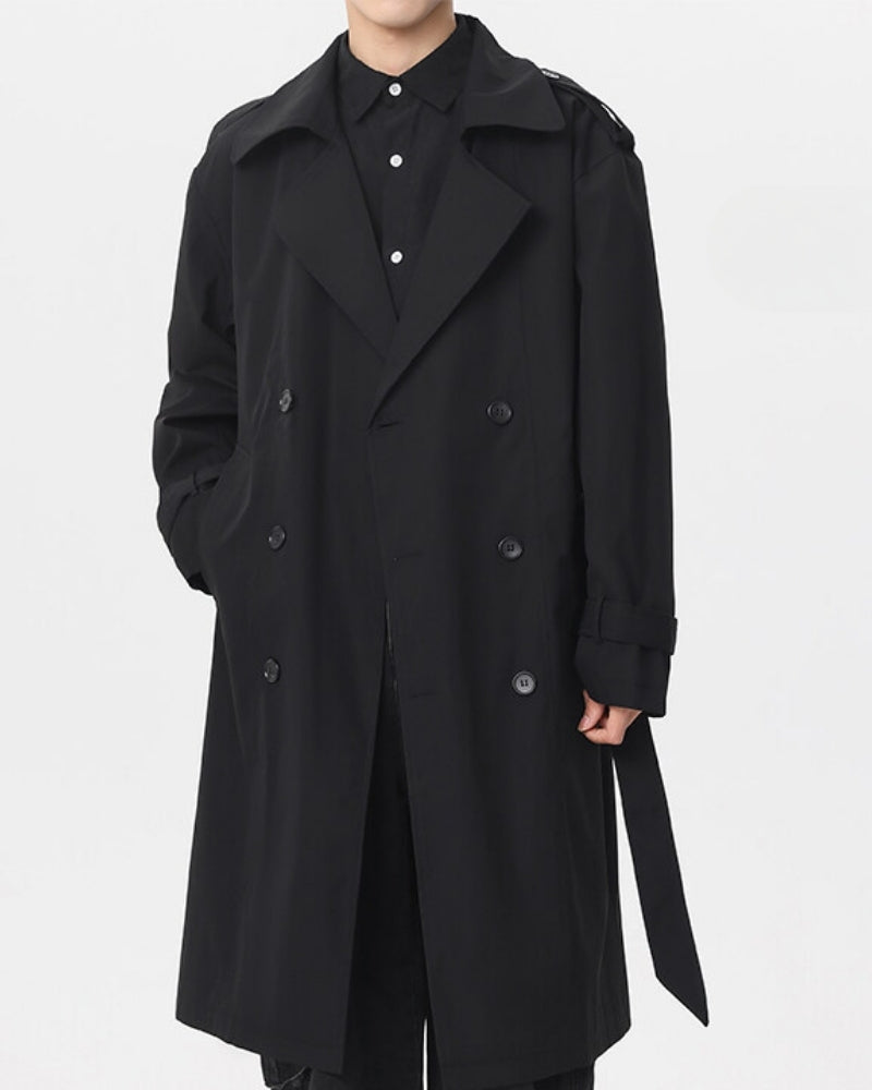 Men's Double-Breasted Trench Coat With Waist Belt - Black