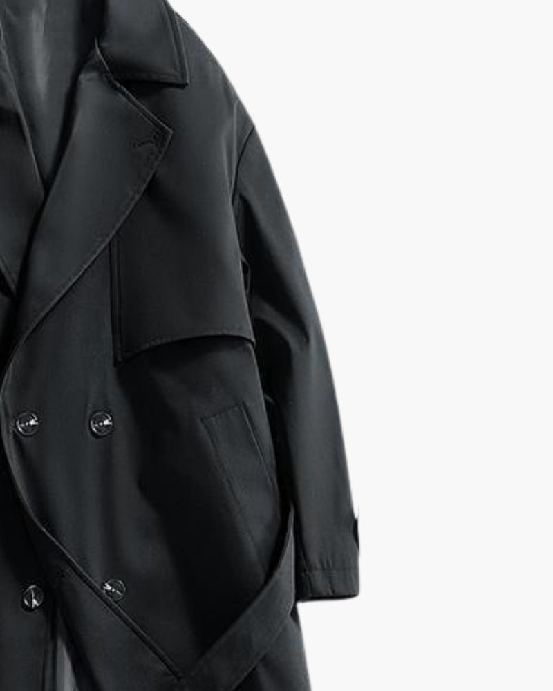 Men's Double-Breasted Trench Coat With Waist Belt - Black