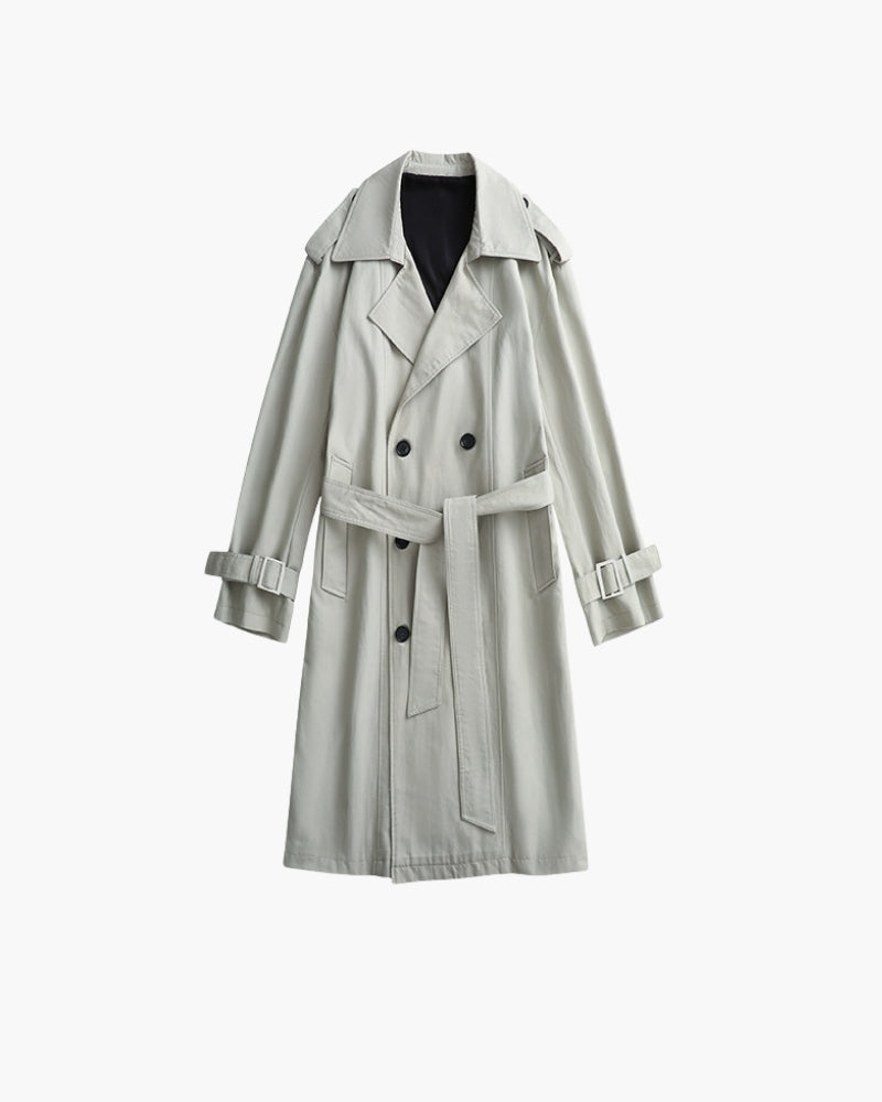 Men's Double-Breasted Trench Coat With Waist Belt - Green