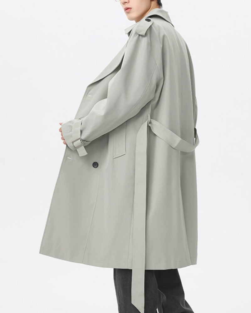Men's Double-Breasted Trench Coat With Waist Belt - Green