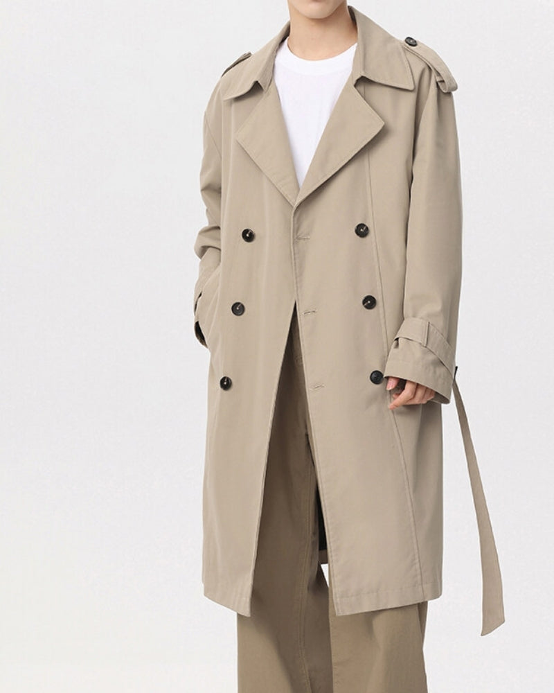 Men's Double-Breasted Trench Coat With Waist Belt - Beige