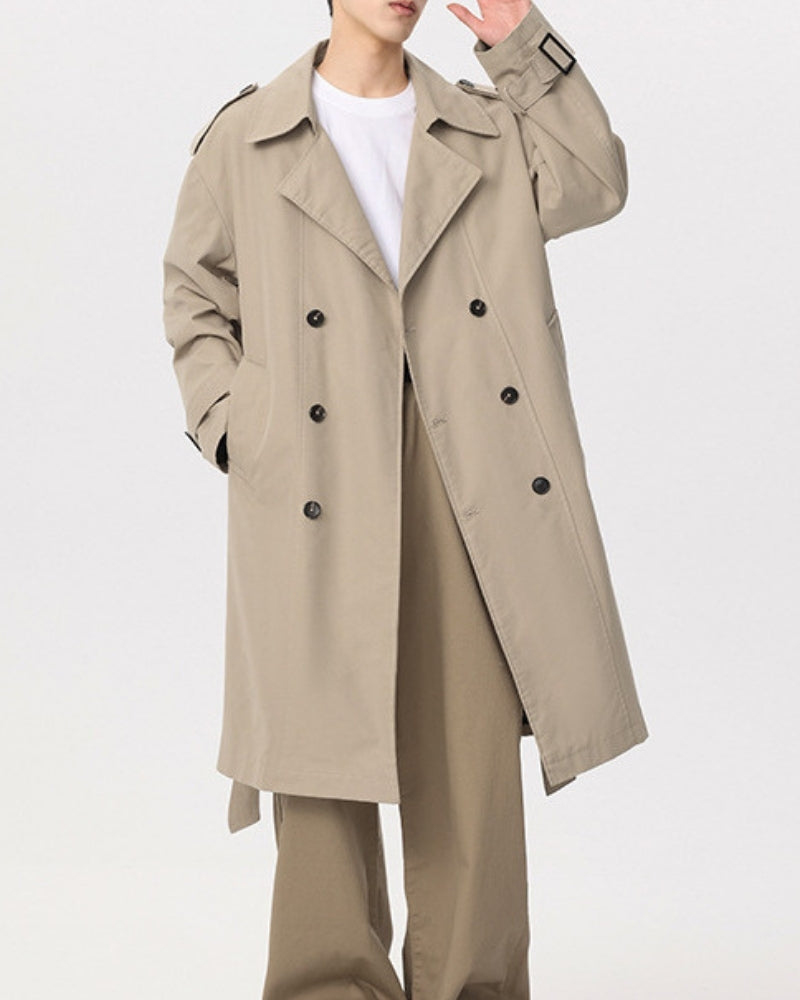 Men's Double-Breasted Trench Coat With Waist Belt - Beige