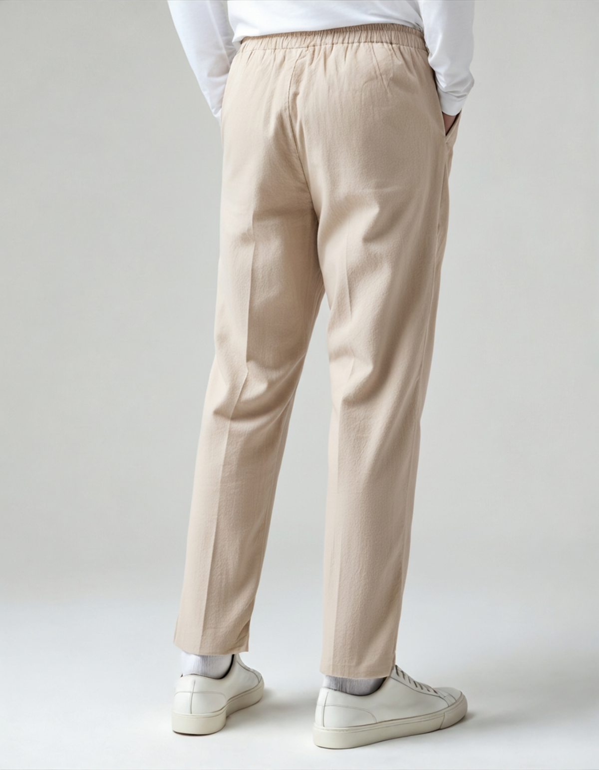 Men's Drawstring Trousers With Flat Tie And Side Pockets - Beige
