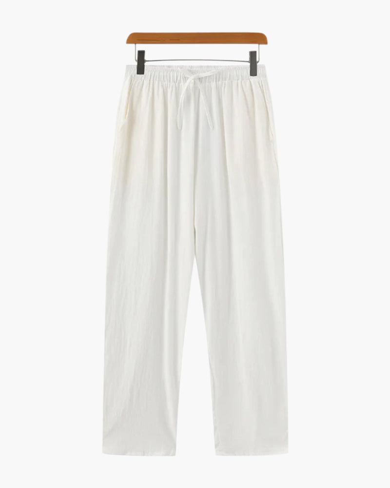Men's Drawstring Trousers With Flat Tie And Side Pockets - White
