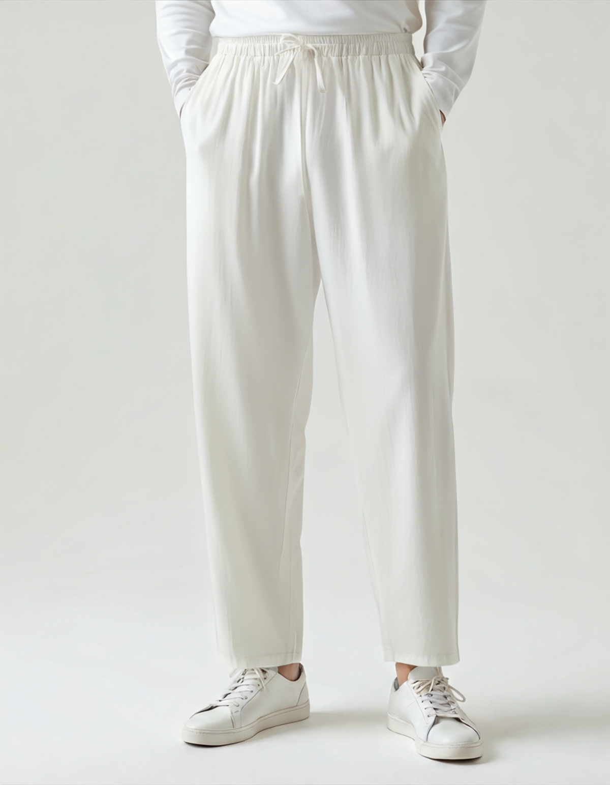 Men's Drawstring Trousers With Flat Tie And Side Pockets - White