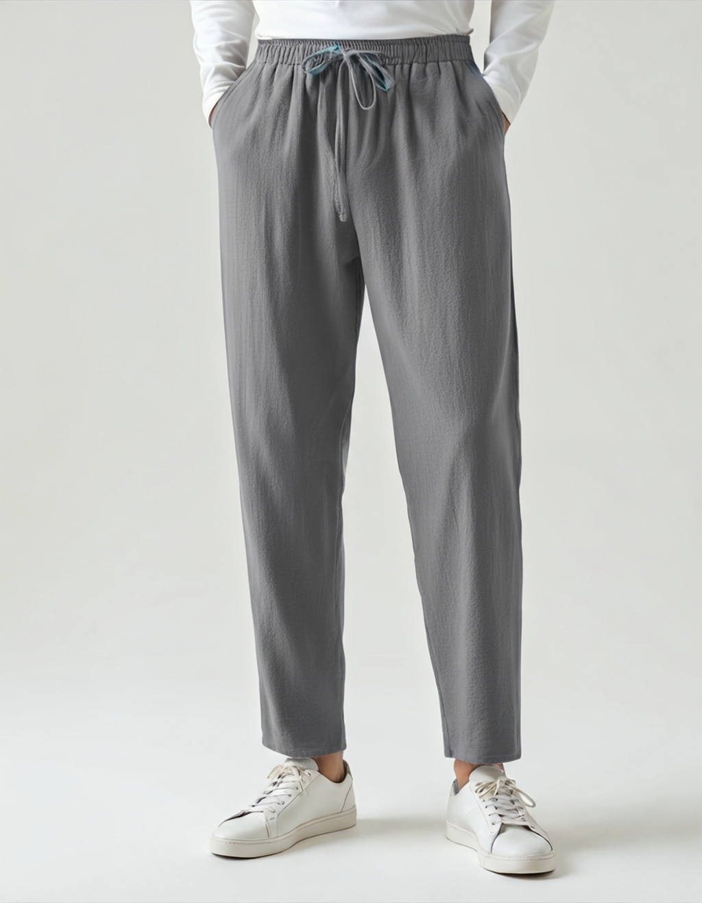 Men's Drawstring Trousers With Flat Tie And Side Pockets - Grey