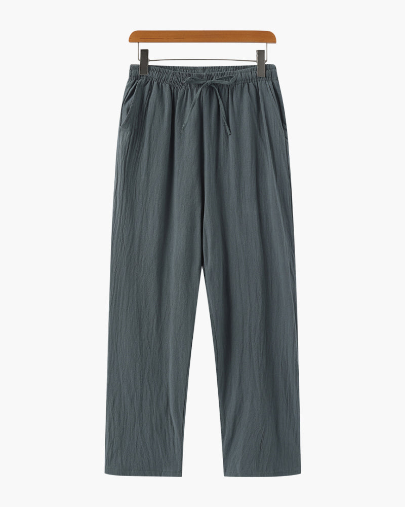 Men's Drawstring Trousers With Flat Tie And Side Pockets - Green