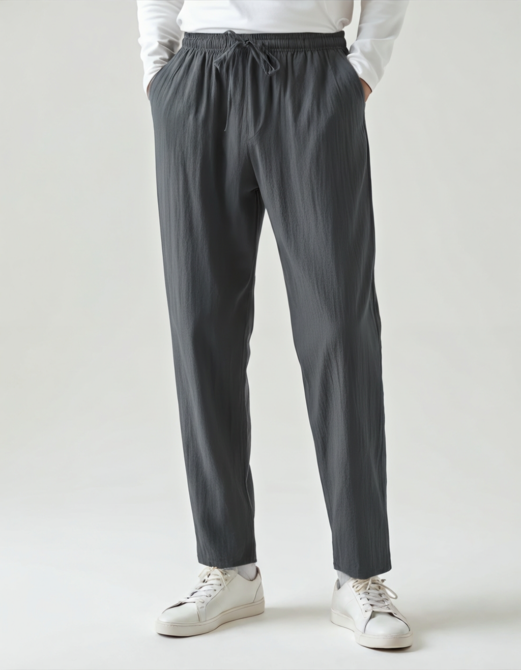 Men's Drawstring Trousers With Flat Tie And Side Pockets - Green