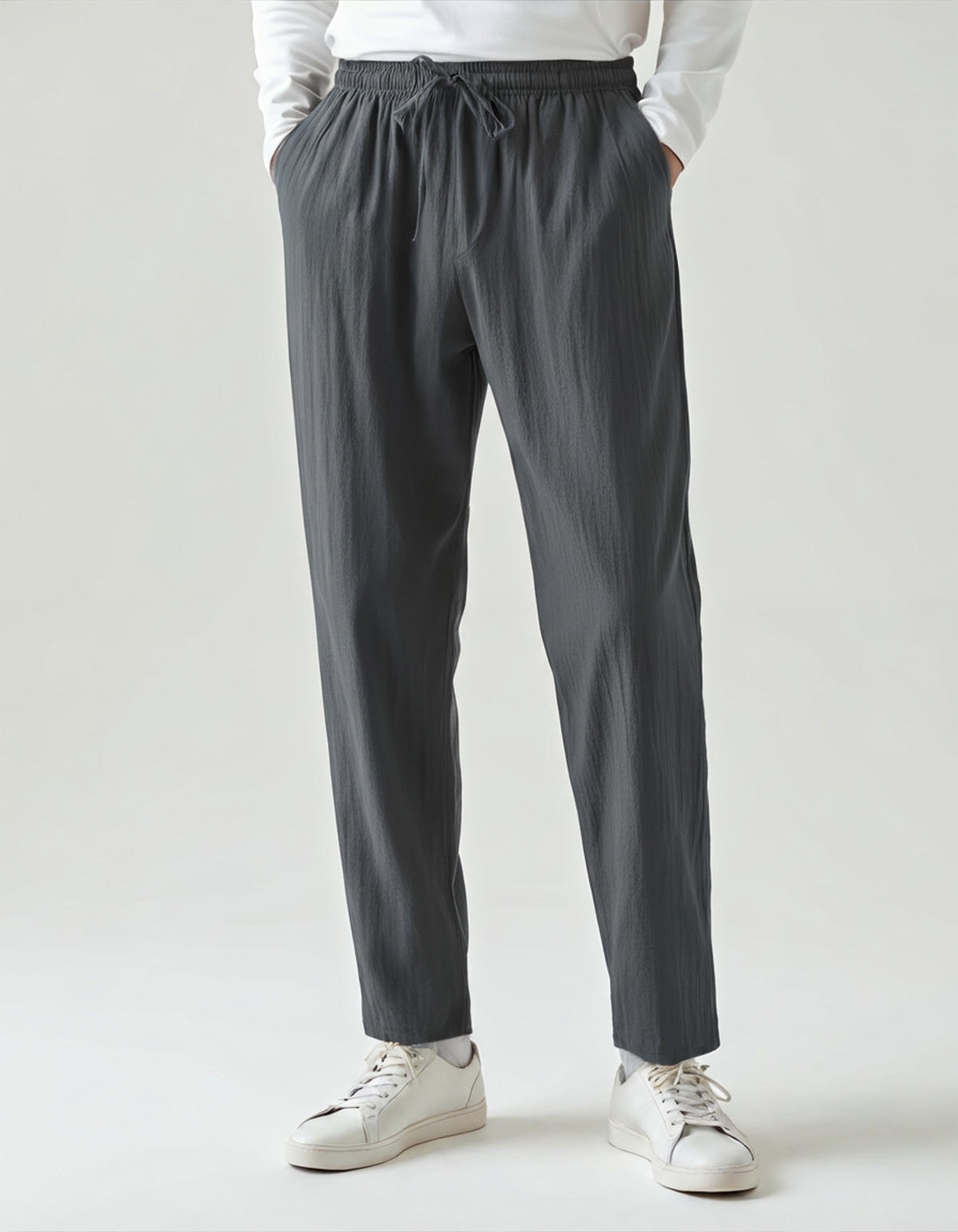 Men's Drawstring Trousers With Flat Tie And Side Pockets - Green