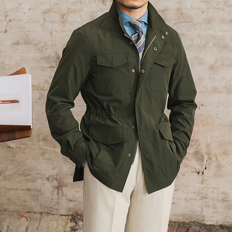 Men's Field Jacket With Four Flap Pockets And Stand Collar - Army Green