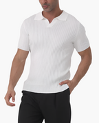 Men's Fine-Rib Short-Sleeve Polo With Open V Neck - White