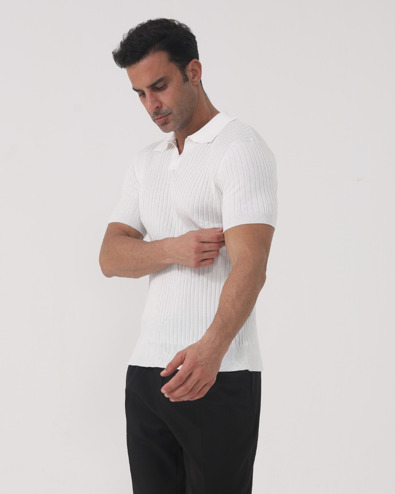 Men's Fine-Rib Short-Sleeve Polo With Open V Neck - White