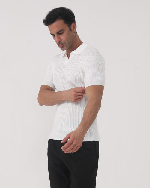 Men's Fine-Rib Short-Sleeve Polo With Open V Neck - White
