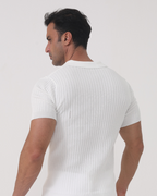 Men's Fine-Rib Short-Sleeve Polo With Open V Neck - White
