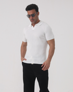 Men's Fine-Rib Short-Sleeve Polo With Open V Neck - White