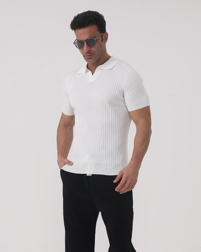 Men's Fine-Rib Short-Sleeve Polo With Open V Neck - White