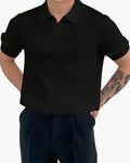 Men's Fine-Rib Short-Sleeve Polo With Open V Neck - Black