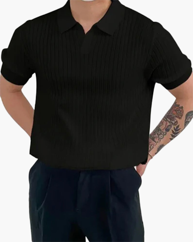 Men's Fine-Rib Short-Sleeve Polo With Open V Neck - Black