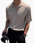 Men's Fine-Rib Short-Sleeve Polo With Open V Neck - Beige