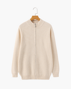 Men's Fine-Rib Zip-Front Cardigan With Raised Neck Band - Beige