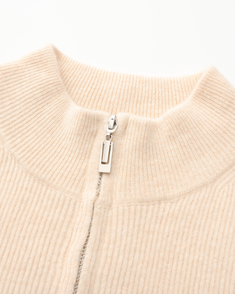 Men's Fine-Rib Zip-Front Cardigan With Raised Neck Band - Beige
