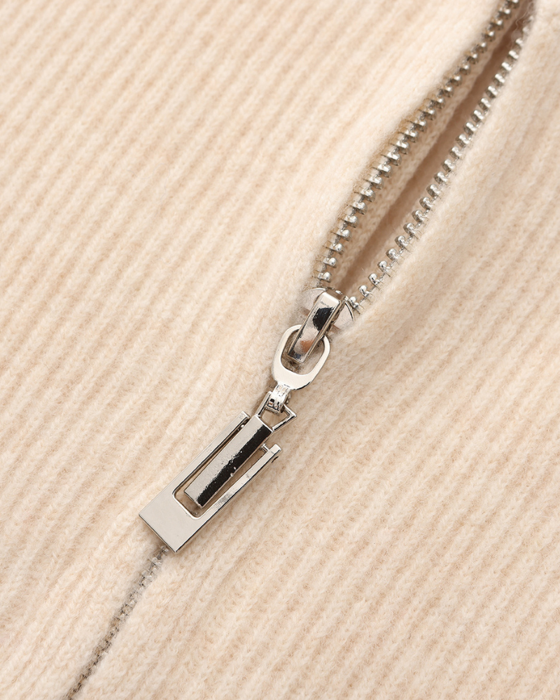 Men's Fine-Rib Zip-Front Cardigan With Raised Neck Band - Beige