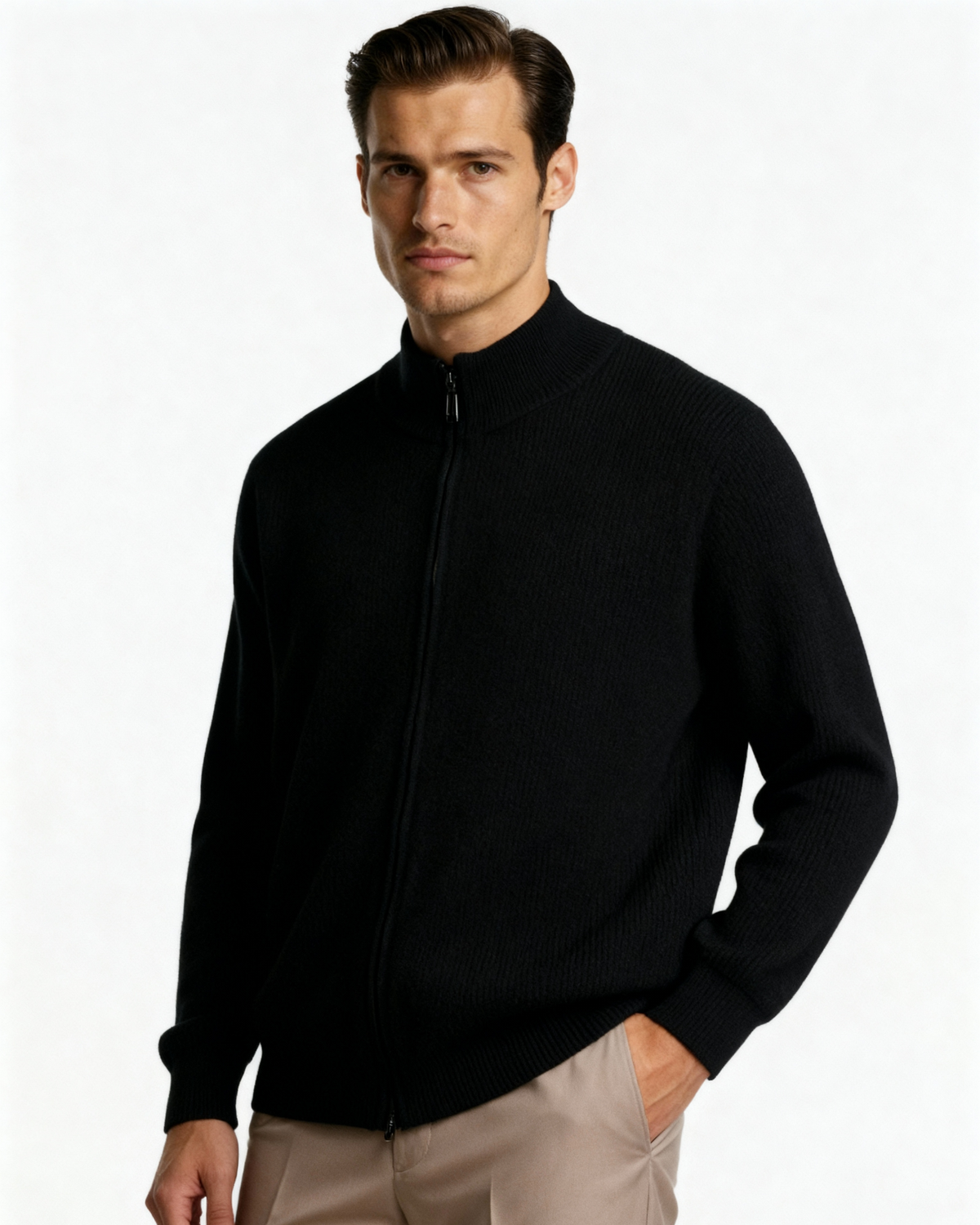 Men's Fine-Rib Zip-Front Cardigan With Raised Neck Band - Black
