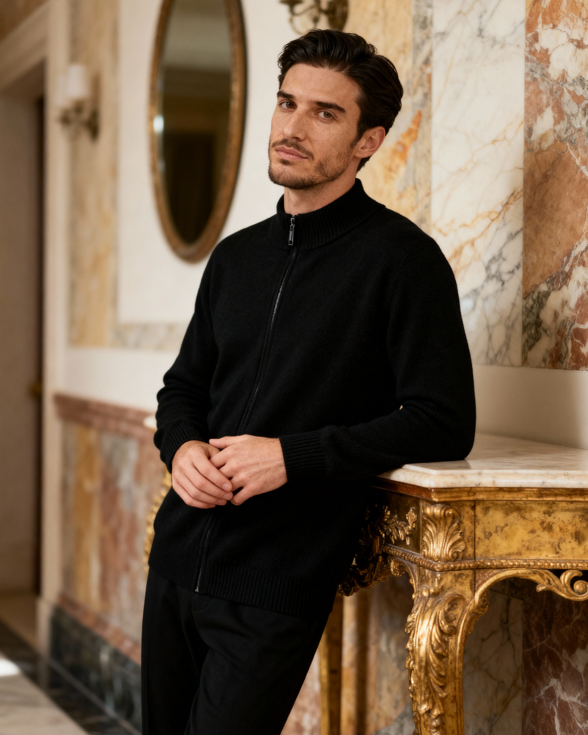 Men's Fine-Rib Zip-Front Cardigan With Raised Neck Band - Black