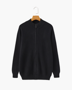Men's Fine-Rib Zip-Front Cardigan With Raised Neck Band - Black