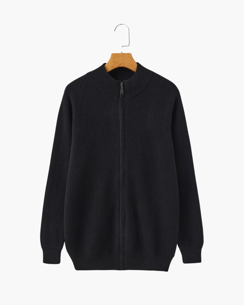 Men's Fine-Rib Zip-Front Cardigan With Raised Neck Band - Black