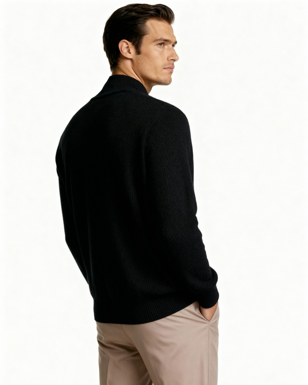 Men's Fine-Rib Zip-Front Cardigan With Raised Neck Band - Black