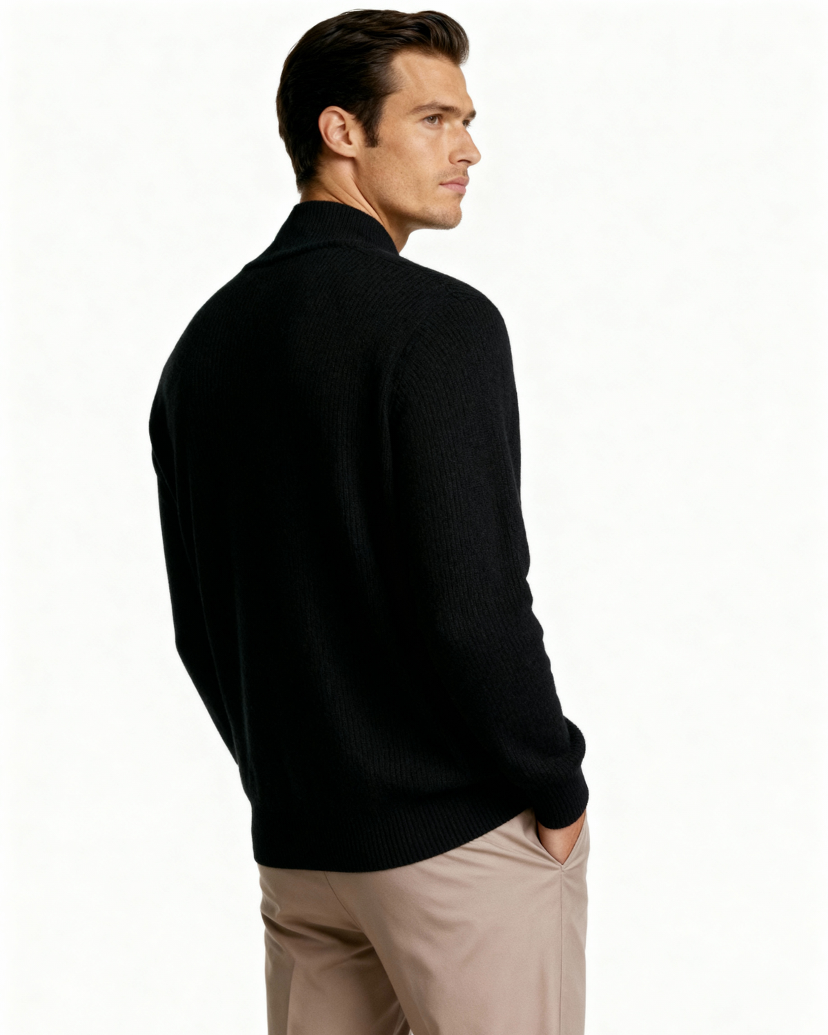 Men's Fine-Rib Zip-Front Cardigan With Raised Neck Band - Black