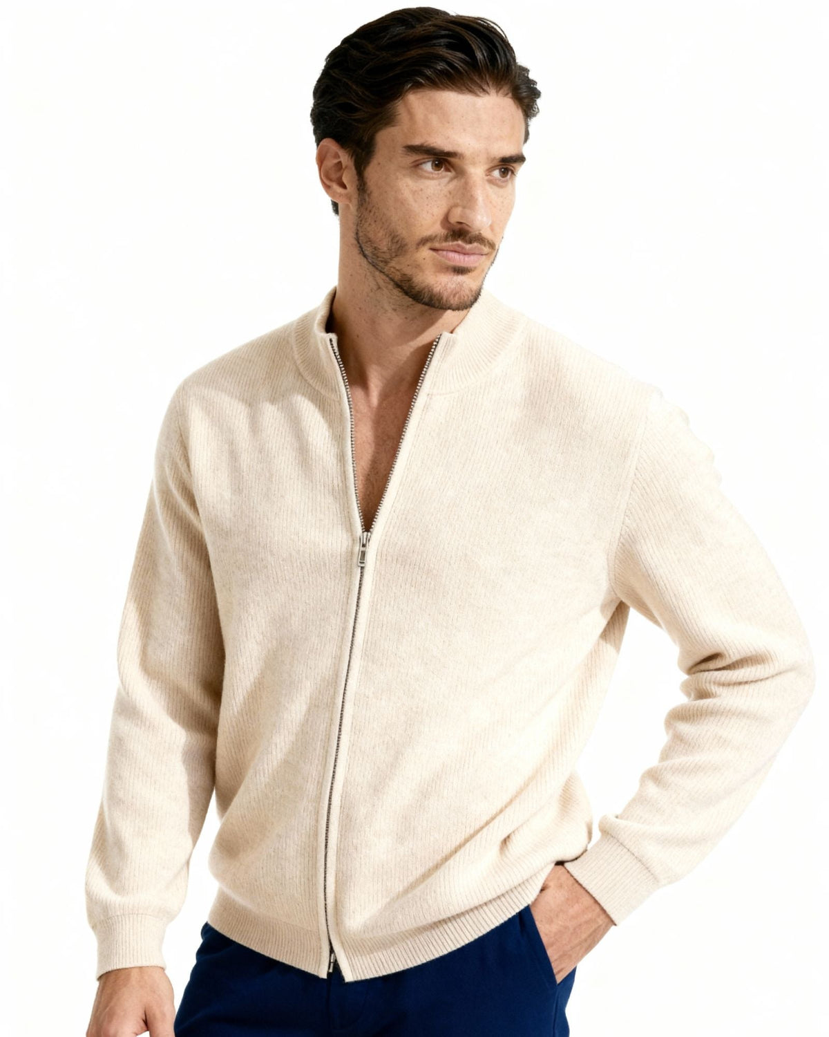 Men's Fine-Rib Zip-Front Cardigan With Raised Neck Band - Beige