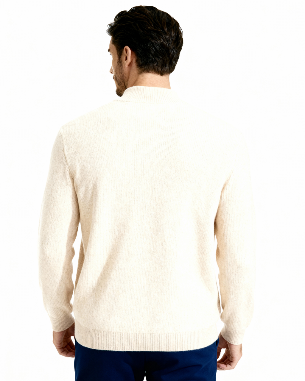 Men's Fine-Rib Zip-Front Cardigan With Raised Neck Band - Beige