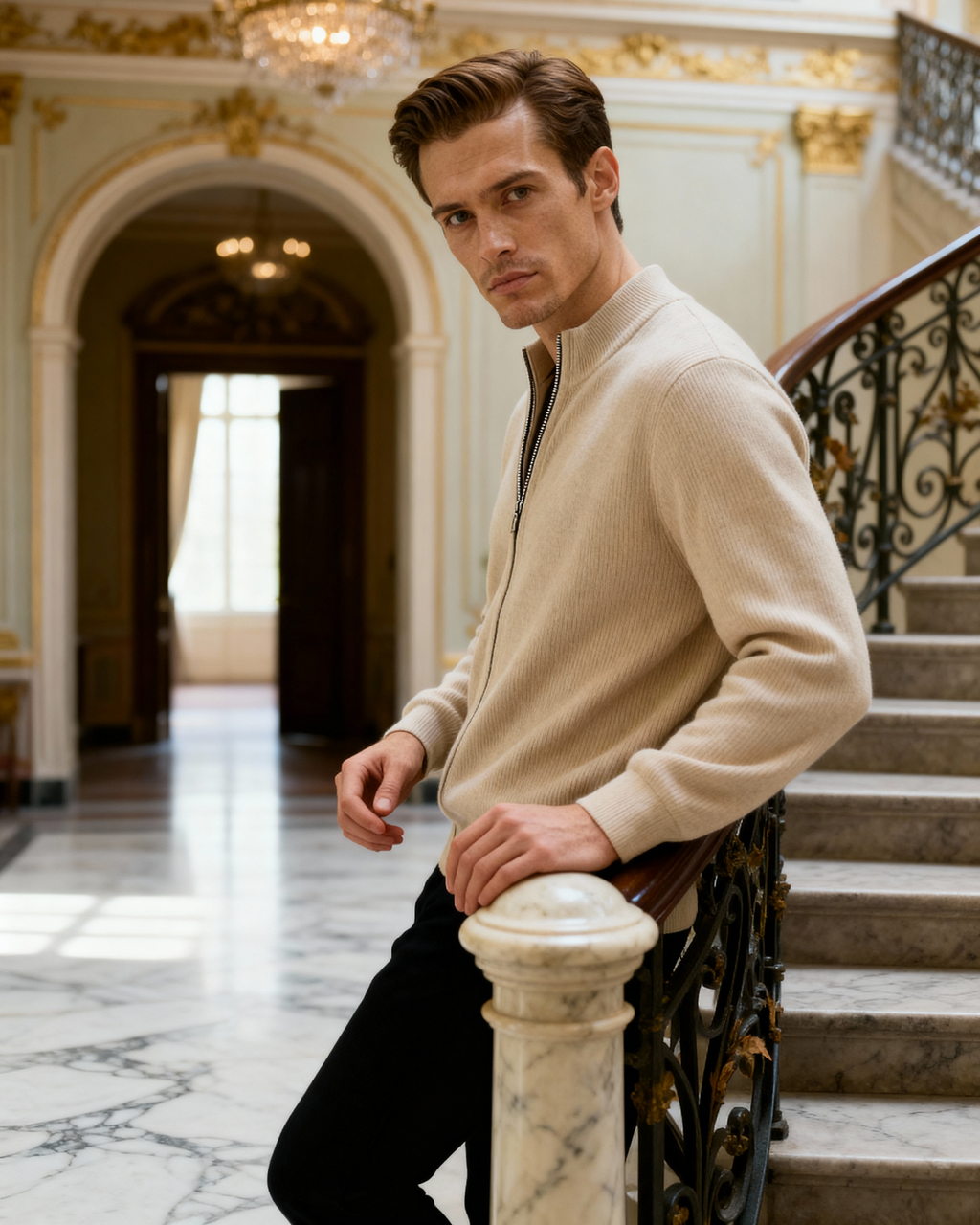 Men's Fine-Rib Zip-Front Cardigan With Raised Neck Band - Beige