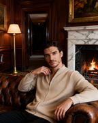 Men's Fine-Rib Zip-Front Cardigan With Raised Neck Band - Beige