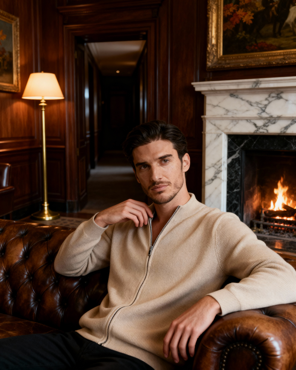 Men's Fine-Rib Zip-Front Cardigan With Raised Neck Band - Beige