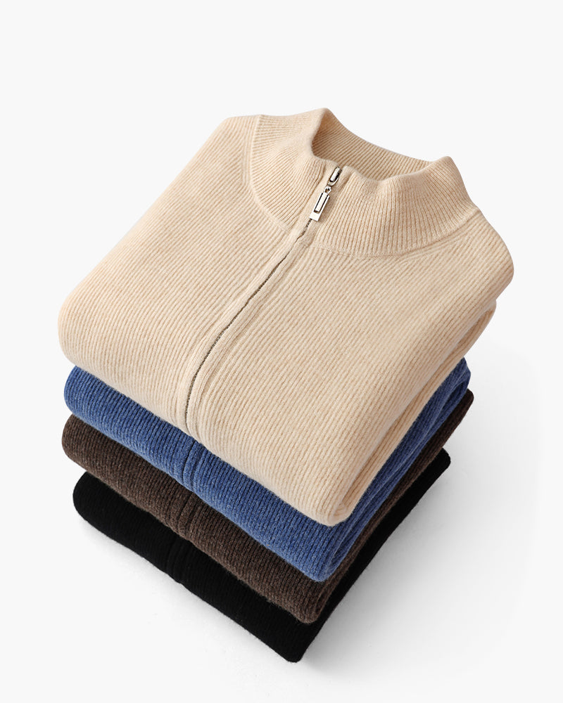 Men's Fine-Rib Zip-Front Cardigan With Raised Neck Band - Colour options