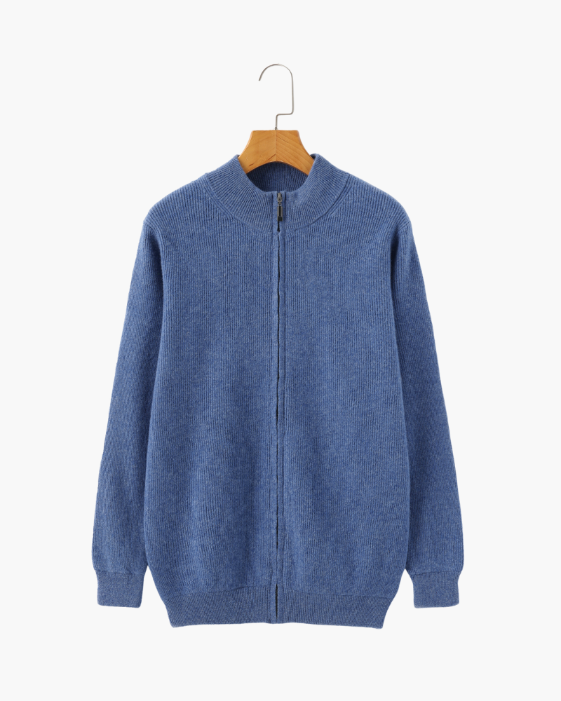 Men's Fine-Rib Zip-Front Cardigan With Raised Neck Band - Blue