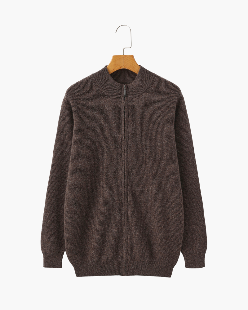 Men's Fine-Rib Zip-Front Cardigan With Raised Neck Band - Brown
