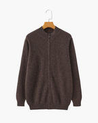 Men's Fine-Rib Zip-Front Cardigan With Raised Neck Band - Brown