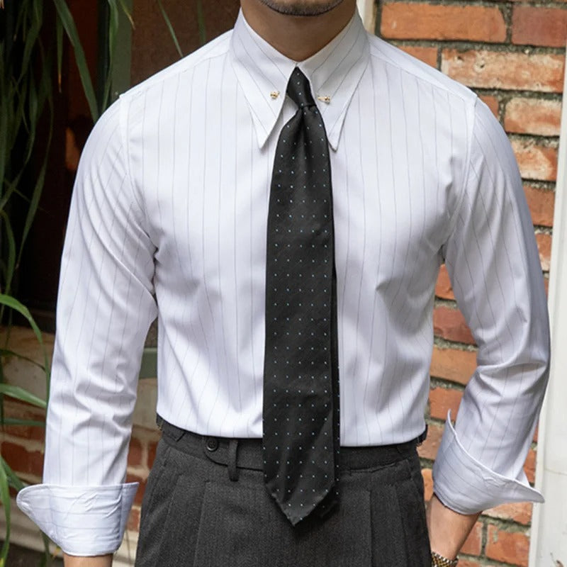Men's Fine-Stripe Dress Shirt With Point Collar - White