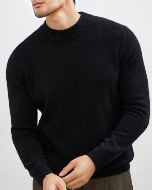 Men's Fine-Texture Jumper With Narrow Raised Neckline - Black